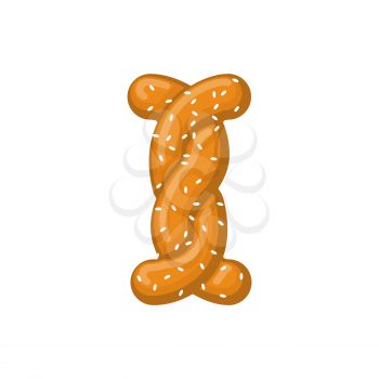 Letter I pretzel. snack font symbol. Food alphabet sign. Traditional German meal is ABC. Bake 
