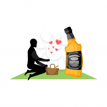 Lover alcohol drink. Man and bottle of whiskey on picnic. blanket and basket for food on lawn. Romantic date. Alcoholic Lifestyle