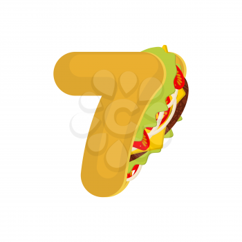 Number 7 tacos. Mexican fast food font seven. Taco alphabet symbol. Mexico meal ABC