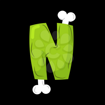 Letter N zombie font. Monster alphabet. Bones and brains lettering. Green Terrible ABC sign
