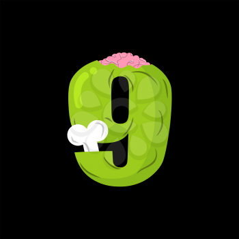Number 9 zombie. Monster Font nine. bones and brains alphabet sign. Green ABC symbol