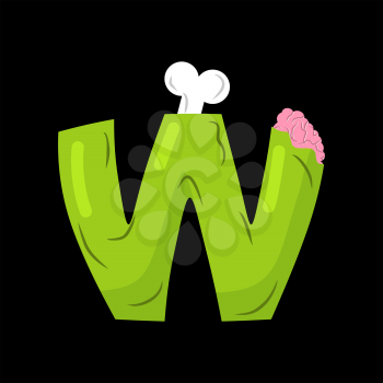 Letter W zombie font. Monster alphabet. Bones and brains lettering. Green Terrible ABC sign
