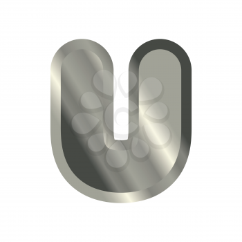 Letter U steel font. Metal alphabet sign. Iron ABC symbol. chromium lettering. Silver typography
