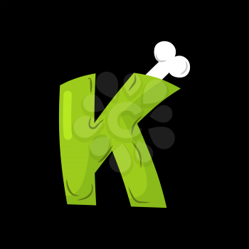 Letter K zombie font. Monster alphabet. Bones and brains lettering. Green Terrible ABC sign
