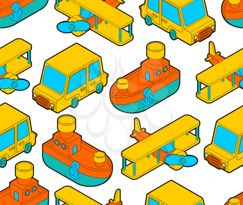 Toy transport cartoon style pattern seamless. Car and Plane, Steamboat. Auto and Ship, aircraft Kids Style background.  Baby fabric texture. vector ornament