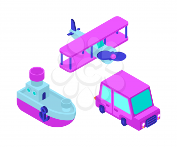 Toy transport cartoon style set. Car and Plane, Steamboat. Auto and Ship, aircraft Kids Style. vector illustration
