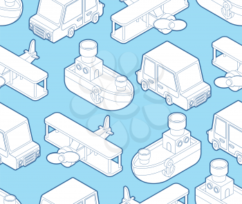 Toy transport cartoon style pattern seamless. Car and Plane, Steamboat. Auto and Ship, aircraft Kids Style background.  Baby fabric texture. vector ornament