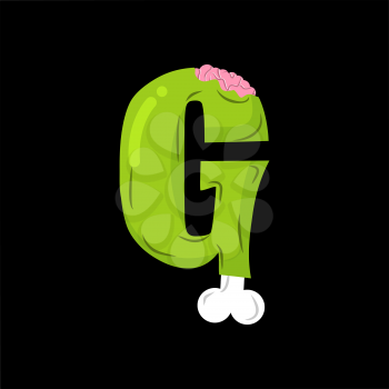 Letter G zombie font. Monster alphabet. Bones and brains lettering. Green Terrible ABC sign
