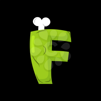 Letter F zombie font. Monster alphabet. Bones and brains lettering. Green Terrible ABC sign

