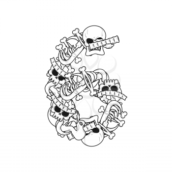 Number 6 skeleton. Bones Font six. Anatomy of an alphabet symbol. dead ABC sign
