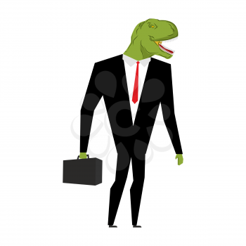 Tyrannosaurus businessman. dinosaur is boss. Dino manager. Suit and case
