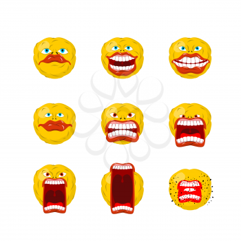 Emoticon set. Open mouth and teeth. Crazy Emoji. Emotion screams. Yellow ball head