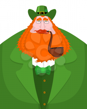 St. Patrick's Day Leprechaun with red beard and pipe. Green hat. Magic Dwarf in Ireland. national holiday March 17 . Traditional Irish Festival