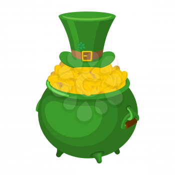 St. Patrick's Day. Leprechaun green hat and pot of gold. Magic dwarf and boiler of golden coins. National Holiday in Ireland. Traditional Irish Festival

