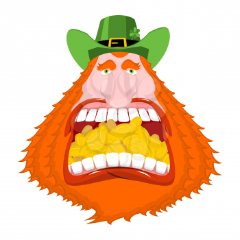 Leprechaun gold. Crazy Dwarf for St. Patrick's Day. Golden coins in mouth. National Holiday in Ireland. Traditional Irish Festival