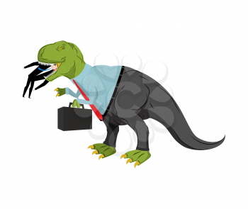 Bsinessman dinosaur eats competitor. Dino Boss eats manager. Chief with case is prehistoric dinosaur. Ancient lizard in suit. Business concept