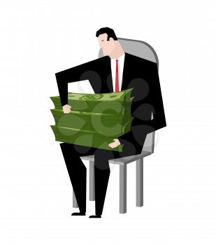 Businessman fondling money. Boss and bundle of dollars. Lot of cash and guy
