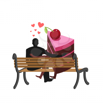 Lover of cakes. Man and piece of cake Sitting on bench. Lovers. Glutton of Lifestyle
