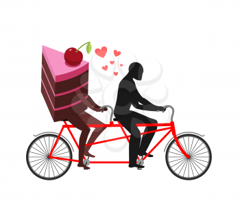 Lover of cakes. Man and piece of cake in Tandem. Lovers cycling. Glutton of Lifestyle
