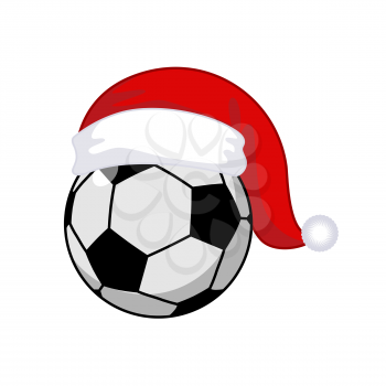 Soccer ball in Santa Claus hat. Sports New Year and Christmas