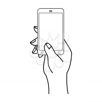 Hand and mobile phone. Man is holding smartphone. Technological template
