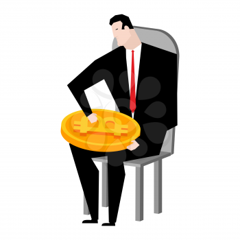Businessman bunch of bitcoins. Lot of crypto currency is profit. Boss and Virtual money bunch. Vector illustration