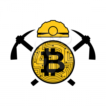 Mining bitcoin logo. Meiner emblem. Helmet and pickaxe and coin are crypto currency. Vector illustration
