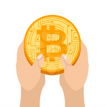 Hand and bitcoin. Profit crypto currency. gain virtual money. Vector illustration
