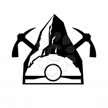 Mining logo. Meiner emblem. Helmet and pickaxe and Coal rock. Vector illustration

