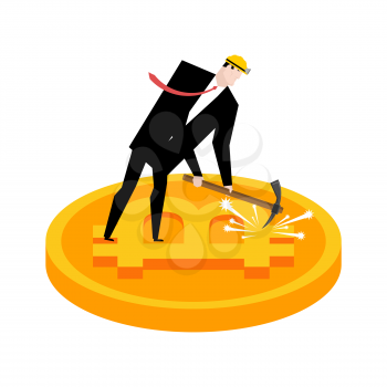 Mining bitcoin. Minir Extraction Crypto currency businessman screams for virtual money. Vector illustration
