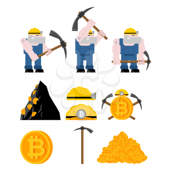 Mining bitcoin set. Minir Extraction Crypto currency businessman screams for virtual money. Vector illustration
