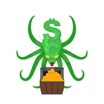 Monster Dollar protects chest of bitcoins. Money Octopus Vector Illustration

