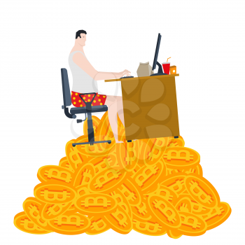 Home mining bitcoin. Freelancer is sitting on a pile of bitcoins. Mining in socks. Vector illustration
