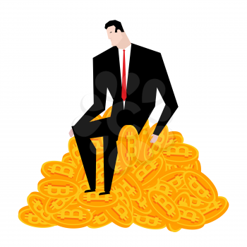 Businessman bunch of bitcoins. Lot of crypto currency is profit. Boss and Virtual money bunch. Vector illustration
