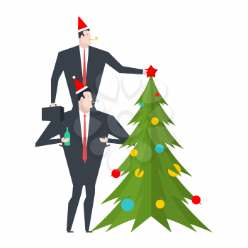 New Year corporate party. Businessman decorates Christmas tree. Christmas at office. Manager in hat of Santa Claus. Vector illustration
