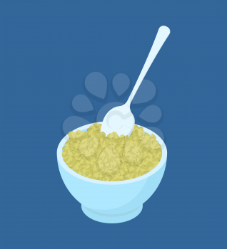 Bowl of Green buckwheat porridge and spoon isolated. Healthy food for breakfast. Vector illustration