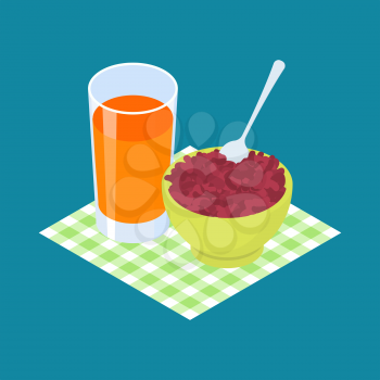 Red bean Porridge and fruit juice. Breakfast Healthy food. Vector illustration
