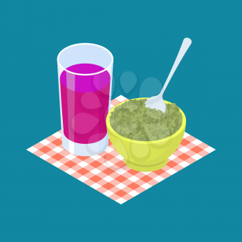 Green Lentil Porridge and fruit juice. Breakfast Healthy food. Vector illustration