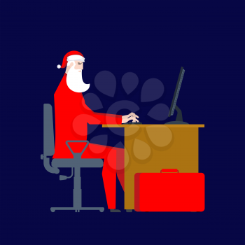 Santa Claus at work at computer. Christmas work. Businessman Santa. Vector illustration
