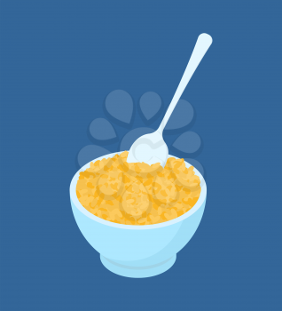 Bowl of bulgur porridge and spoon isolated. Healthy food for breakfast. Vector illustration