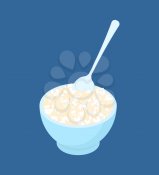Bowl of round rice porridge and spoon isolated. Healthy food for breakfast. Vector illustration