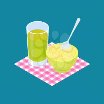 Couscous Porridge and fruit juice. Breakfast Healthy food. Vector illustration
