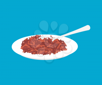 Red rice Porridge in plate and spoon isolated. Healthy food for breakfast. Vector illustration
