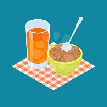 Buckwheat Porridge and fruit juice. Breakfast Healthy food. Vector illustration
