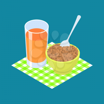 Lentil Porridge and fruit juice. Breakfast Healthy food. Vector illustration
