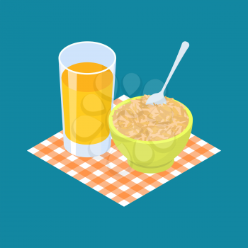 Oat Porridge and fruit juice. Breakfast Healthy food. Vector illustration
