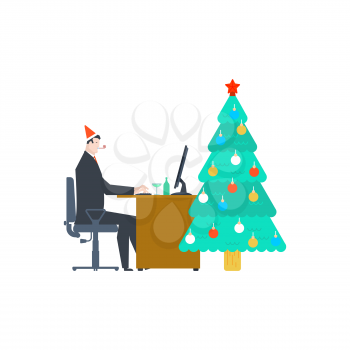 Work for Christmas. Businessman at work and Christmas tree. New Year in office. Vector illustration
