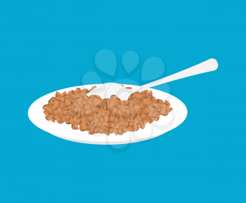 Buckwheat Porridge in plate and spoon isolated. Healthy food for breakfast. Vector illustration
