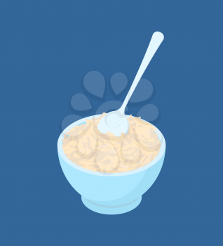 Bowl of Parboiled rice porridge and spoon isolated. Healthy food for breakfast. Vector illustration