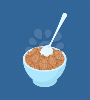 Bowl of buckwheat and spoon isolated. Healthy food for breakfast. Vector illustration